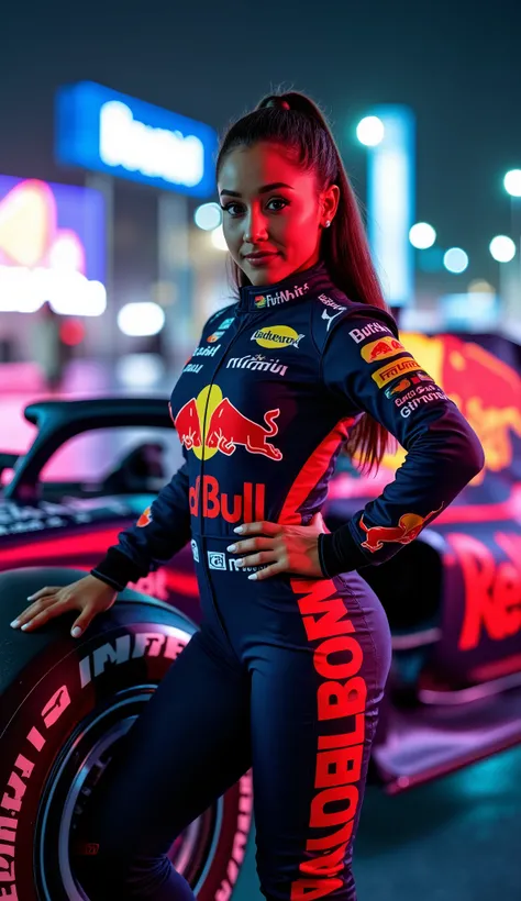 Extreme photorealism, beautiful female Red Bull Racing 2025 official driver, wearing official RB20 2025 race suit with ultra-detailed logos: Oracle, Bybit, Honda, Mobil 1, AlphaTauri, custom name patch "GRANDE", textured fabric with visible stitching. Behi...