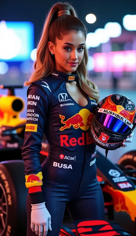 Extreme photorealism, female Red Bull Racing 2025 official driver (Caucasian, 25-30 years old, wavy blonde hair in high ponytail, piercing blue eyes, natural makeup with matte red lips), wearing official RB20 2025 race suit featuring a triangular keyhole n...