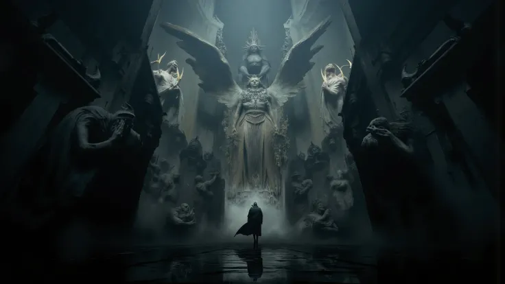 On a mysterious , is illuminated by the sky from an unseen source, There is a wall ,The mural on the wall depicts a lonely silhouette standing in the center, Surrounded by huge, ornate, winged figures. surrounded by intricate buildings,Reminiscent of an ot...