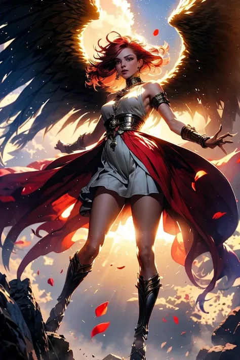"Imagine a great warrior with wings and voluminous red hair descending from the sky like a comet, tearing the ground upon impact. The image has an impact effect and quality 8K, with a front viewing angle of 0º and a 75% body ratio from a low perspective to...