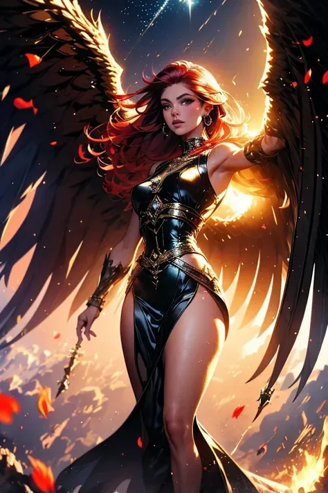 "Imagine a great warrior with wings and voluminous red hair descending from the sky like a comet, tearing the ground upon impact. The image has an impact effect and quality 8K, with a front viewing angle of 0º and a 75% body ratio from a low perspective to...