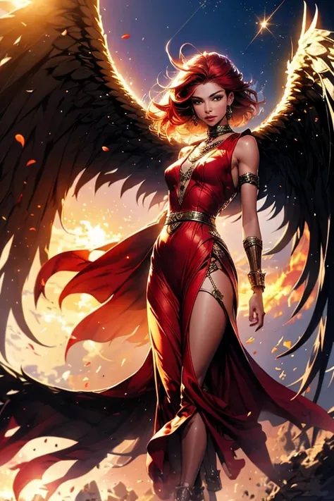 "Imagine a great warrior with wings and voluminous red hair descending from the sky like a comet, tearing the ground upon impact. The image has an impact effect and quality 8K, with a front viewing angle of 0º and a 75% body ratio from a low perspective to...