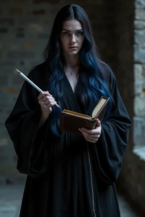 photorrealistic, closer look, beautiful noble drow female, front view, medieval instance, gorgeous, with long and ragged black dress, black almost blue thick hair, dark gray dungeon room, gray scenario, holding a white feather pencil with one hand and a le...