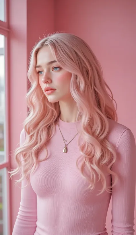 soft pink hair, wavy and styled to fall naturally over the shoulders, wearing a ribbed pink top, silver necklace with a drop pendant, indoor setting with a matching pink background, gentle ambient lighting, calm and harmonious atmosphere, side profile with...