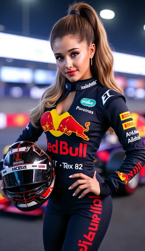Extreme photorealism, female Red Bull Racing 2025 official driver (Caucasian, 25-30 years old, wavy blonde hair in high ponytail, piercing blue eyes, natural makeup with matte red lips), wearing official RB20 2025 race suit featuring a triangular keyhole n...
