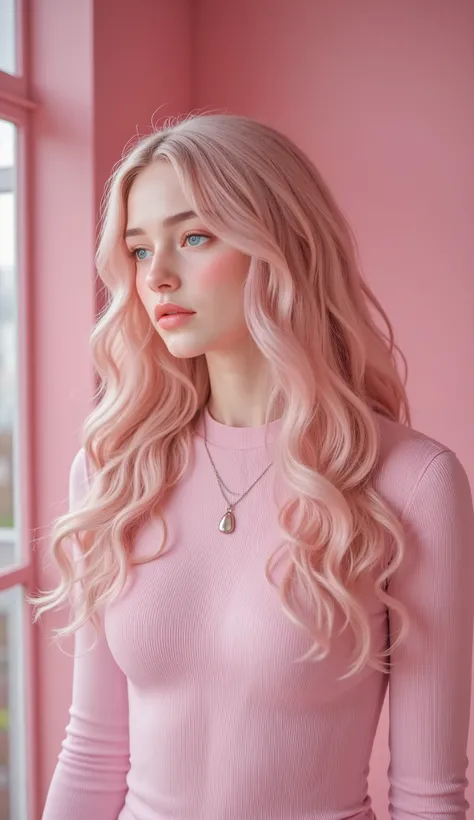 soft pink hair, wavy and styled to fall naturally over the shoulders, wearing a ribbed pink top, silver necklace with a drop pendant, indoor setting with a matching pink background, gentle ambient lighting, calm and harmonious atmosphere, side profile with...