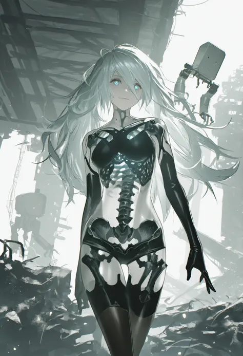 masterpiece, newest,
nier \(series\), nier:nier:automata, official art, reoen,
1girl, see-through body, skeleton, looking at viewer, ribs,
1girl, a2 \(nier:automata\), pod \(nier:automata\), bare shoulders, black tank top, android,
long hair, messy hair, p...