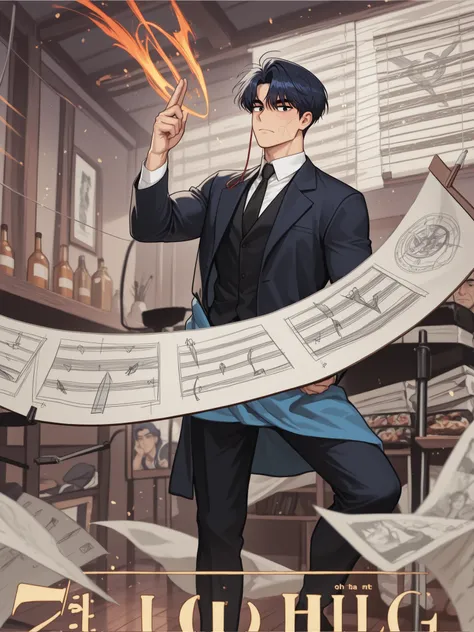 Full hd , dark blue hair , middle-aged 40 years old ,already , 8k , manhwa , the eyes are not blurred , eyes see clearly , eyes are not distorted , tall , muscle , six-pack , clear face , virile , is a middle-aged uncle , older , is a father , hair sid...