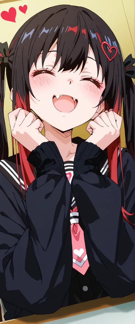 an anime girl is dressed in all black and has a heart in her hair, 1girl, multicolored hair, solo, closed eyes, red hair, long hair, twintails, black sailor collar, black hair, smile, sailor collar, jacket, open mouth, hair ornament, fang, long sleeves, he...