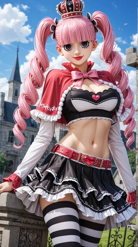 1girl, solo, crown, lewd_smile, skinny_build.
floating_hair, twintails, very_long_pink_drill_hair / twin_drills_hairstyle, blunt_bangs.
beautiful_circle-shaped_black_eyes, long_eyelashes, makeup, lipstick.
cleavage, large_breasts, (red_capelet), crop-top, ...