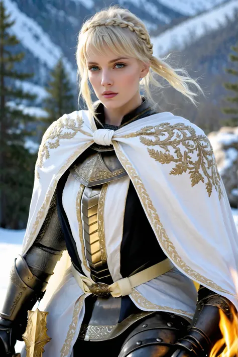 (masterpiece), best quality, expressive eyes, perfect face, blond hair, blue yellowish eyes, latex gloves, white capes, black leggings, light armor, skirts, iron shoes, knight woman, pale skin, yandere, leda hair ribbon, ribbon, braid, single hair bun, bra...