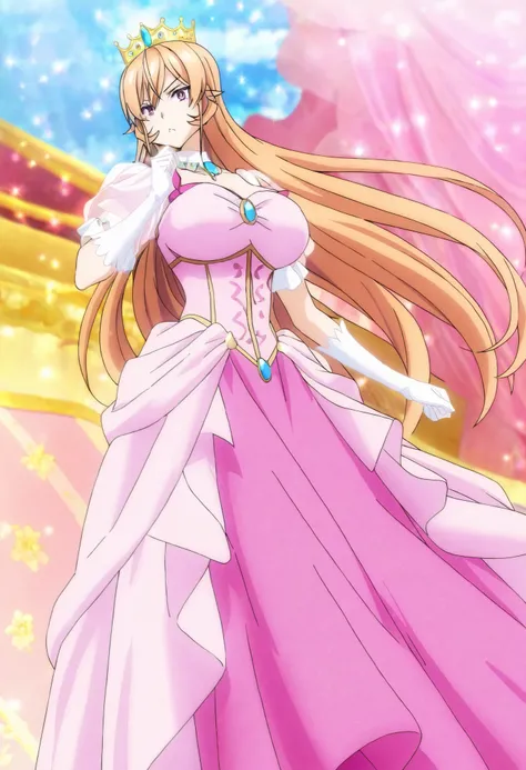 Official anime artwork,anime screencap,anime coloring,masterpiece,best quality,Nakiri Erina,very long hair,blonde hair,hair between eyes,purple eyes, anime-style princess outfit for a girl with long hair. The dress is a pink princess gown with a fitted bod...