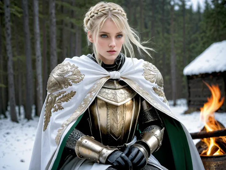 (masterpiece), best quality, expressive eyes, perfect face, blond hair, blue yellowish eyes, latex gloves, white capes, black leggings, light armor, skirts, iron shoes, knight woman, pale skin, yandere, leda hair ribbon, ribbon, braid, single hair bun, bra...