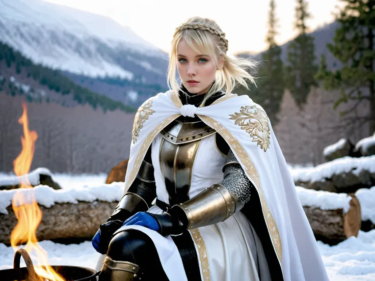 (masterpiece), best quality, expressive eyes, perfect face, blond hair, blue yellowish eyes, latex gloves, white capes, black leggings, light armor, skirts, iron shoes, knight woman, pale skin, yandere, leda hair ribbon, ribbon, braid, single hair bun, bra...