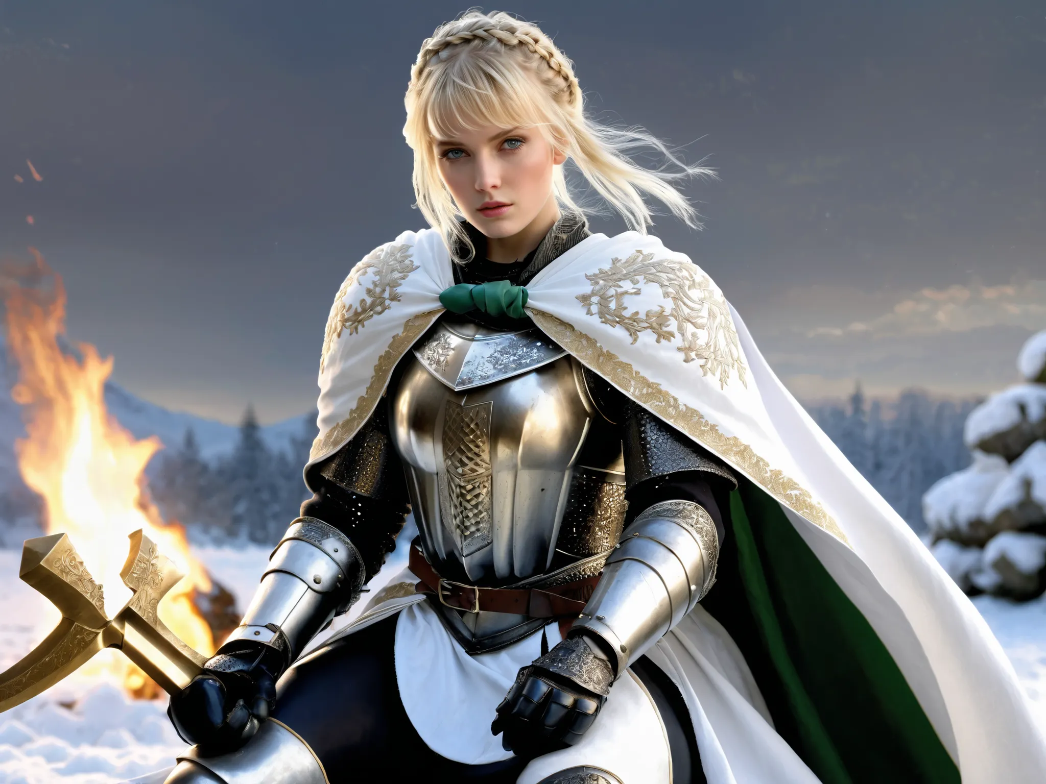 (masterpiece), best quality, expressive eyes, perfect face, blond hair, blue yellowish eyes, latex gloves, white capes, black leggings, light armor, skirts, iron shoes, knight woman, pale skin, yandere, leda hair ribbon, ribbon, braid, single hair bun, bra...