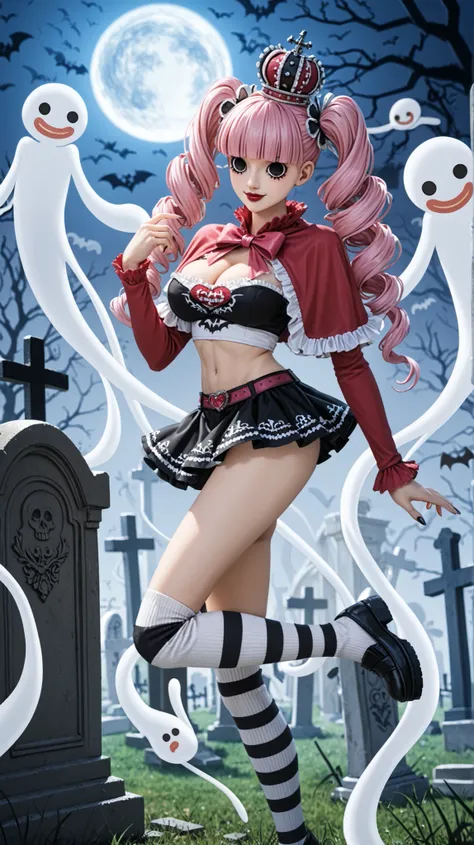 1girl, solo, cheems_perona_v3, lady_perona, peronachan.
goth_girl, skinny_build, (crown), smile, dynamic_pose.
floating_hair, twintails, very_long_pink_drill_hair / twin_drills_hairstyle, blunt_bangs.
beautiful_circle-shaped_black_eyes, long_eyelashes, mak...