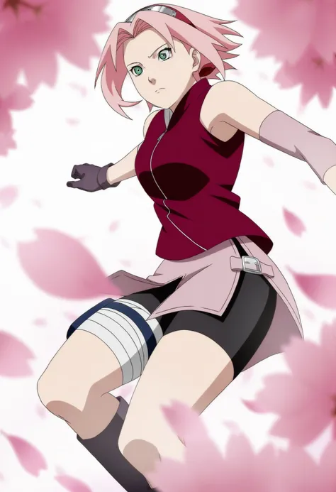 Official anime artwork,anime screencap,anime coloring,masterpiece,best quality,1girl, solo, sakura haruno,pink hair, green eyes, short hair, shinobi outfit, gloves, shorts, grey boots, boots, heels, heeled boots, bike shorts, toeless footwear, white backgr...