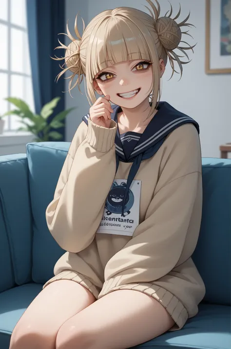 blouse Himiko toga sitting looking backwards at the spectator, smiling 
