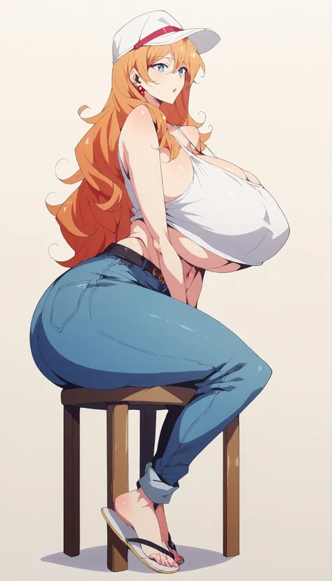 Mature woman, score_9,score_8_up,score_7_up BREAK KateSDXL,1girl,solo,long hair,((!white hat))),navel,jewelry,bigger breasts ,very long hair,blue eyes,tight thicc ass,earrings,midriff,hips,black belt,tight thicc jeans,(((white flip flops))),(((White mini f...