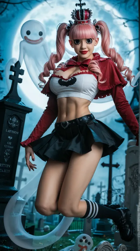 1girl, solo, cheems_perona_v3, lady_perona, peronachan, goth_girl, skinny_build, (crown), smile, dynamic_pose, floating_hair, twintails, very_long_pink_drill_hair, twin_drills_hairstyle, blunt_bangs, enchanting eyes, large expressive eyes, soft eye shine, ...