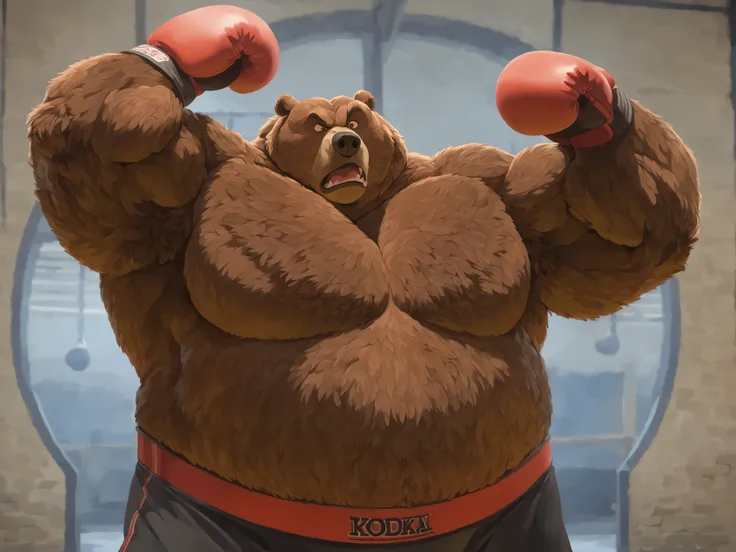 Solo, 1boy, Muscular Old, angry, focus, growling prideful, wide shoulder, pectoral, thick arms, huge pectoral, wide pectoral, a Kodiak brown bear in an black boxing shorts with red slits and waistline, wearing red boxing gloves as he workouts in the gymnas...