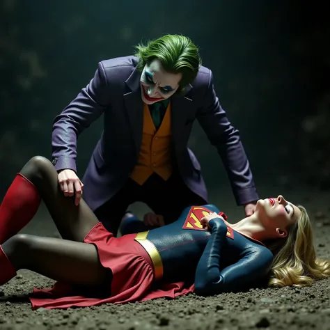 Supergirl is lying flat on the dirt, very bright white skin, can see whole body, She is wearing a thin black pantyhose, very short red skirt, flipped up skirt, red knee height long boots, blonde hair, unconsciousness, eyes close, painful face, Joker is ben...