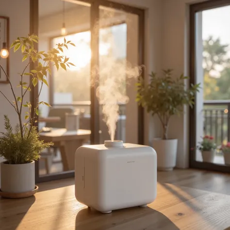 modern home, Moisture is pouring out of a small humidifier that is working hard, best quality, detailed, high resolution, photorealistic
