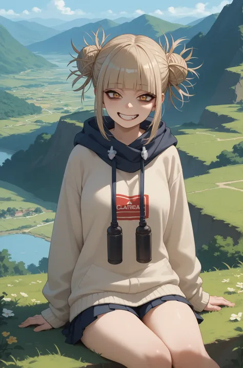Himiko toga sitting looking at the landscape , smiling 