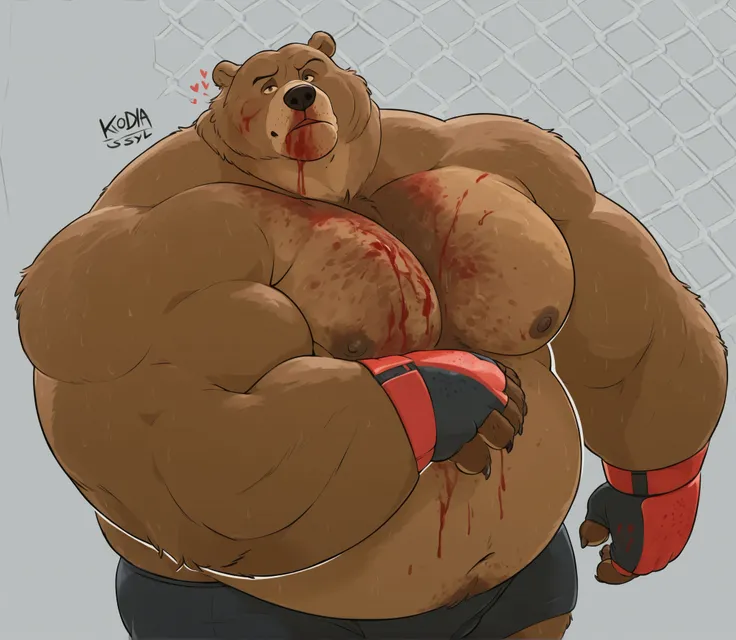 Solo, 1boy, Muscular Old, grunting, frustration glare, focus, looking back, wide shoulder, pectoral, thick arms, huge pectoral, wide pectoral, height: 220cm, weight: 440lbs, a Kodiak brown bear in an MMA shorts with red slits wearing an MMA gloves with red...