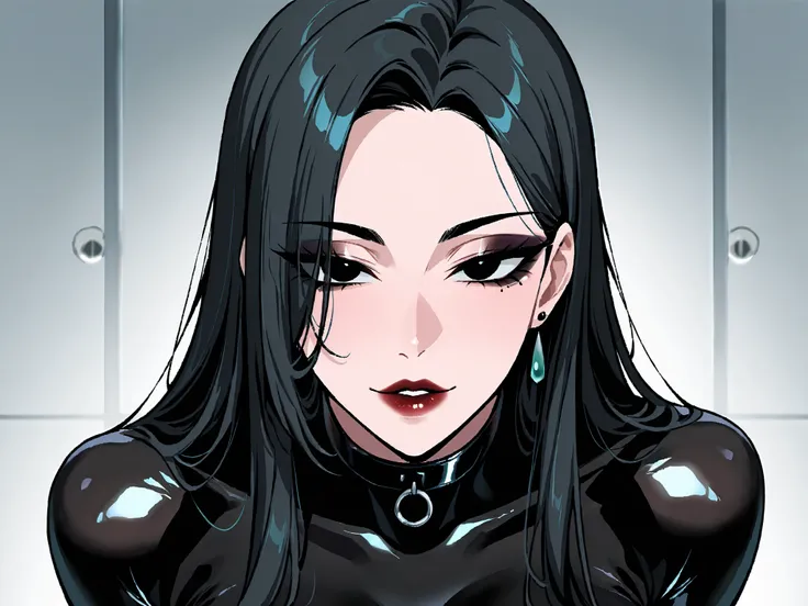Front view of a beautiful trans woman with long straight black hair, glossy and elegant. Deep black eyes with sharp eyeliner, giving a mysterious and dominant look. Full lips painted dark red, firm jawline, flawless caramel skin tone. Wearing a tight black...