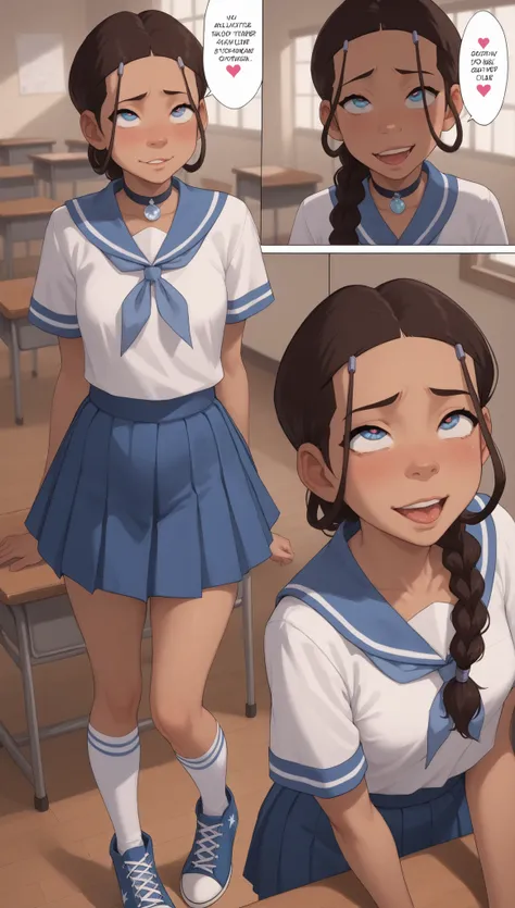 1girl, katara, brunette hair, blue eyes, nsfw rule34 comic strip style panels tell a story, braid, necklace, petite body, small breasts, flat chest, posing seductive, eyes rolling back, cute nervous expression like she knows what's about to happen, her pan...
