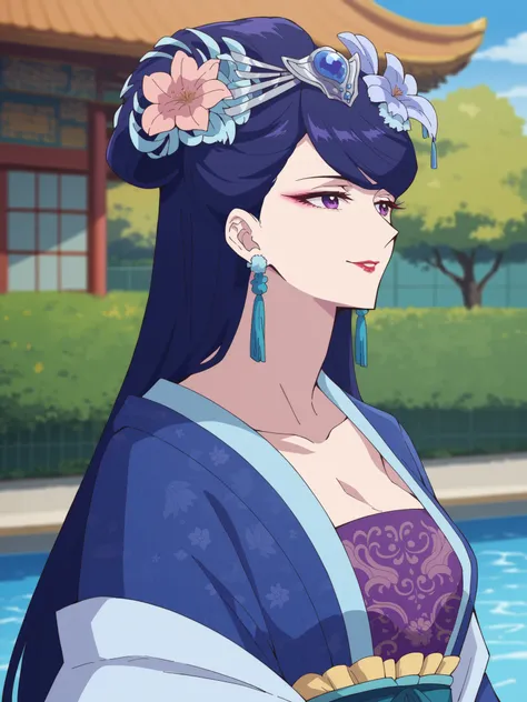 (best quality, masterpiece),Pear Blossom,Every Single Person at the Drugstore,(Mr.々 Poses ),long hair, purple eyes, purple hair, flower, earrings, hair flower, makeup, lipstick,Chest, Jewelry, Chinese clothing, Hanfu,Outdoors,garden,Pool,smile,(viewers on...