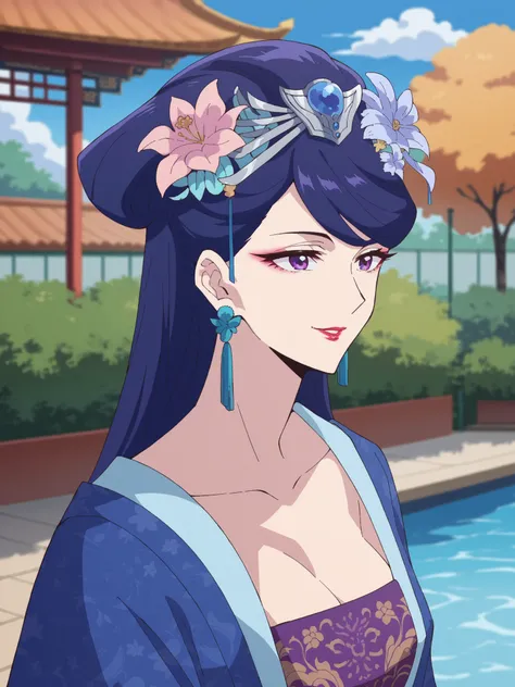 (best quality, masterpiece),Pear Blossom,Every Single Person at the Drugstore,(Mr.々 Poses ),long hair, purple eyes, purple hair, flower, earrings, hair flower, makeup, lipstick,Chest, Jewelry, Chinese clothing, Hanfu,Outdoors,garden,Pool,smile,(viewers on...