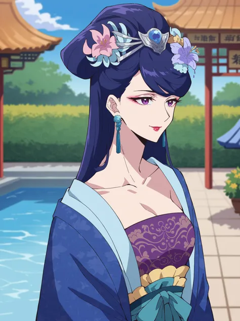 (best quality, masterpiece),Pear Blossom,Every Single Person at the Drugstore,(Mr.々 Poses ),long hair, purple eyes, purple hair, flower, earrings, hair flower, makeup, lipstick,Chest, Jewelry, Chinese clothing, Hanfu,Outdoors,garden,Pool,smile,(viewers on...