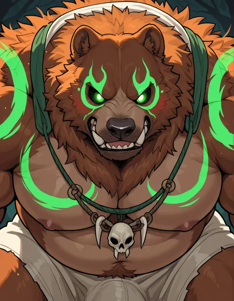Black Portrait: Morbidly Obese Kodiak Bear; glowing erection bulge; (obtuse muscular, feral, big fat; huge muscles, voodoo eyes, tribal; brown fur, glowing green tattoos everywhere); blushing; thrusting; closed Mouth; tired expression; surprised; skulls; m...