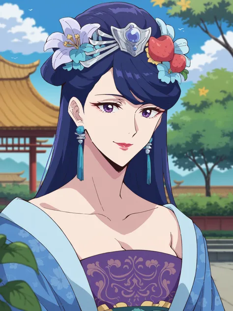 (best quality, masterpiece),Pear Blossom,Every Single Person at the Drugstore,sleeveless,long hair, purple eyes, purple hair, flower, earrings, hair flower, lipstick,Chest, Jewelry, Chinese clothing, Hanfu,Outdoors,garden,smile,(viewers on my mom), ((put ...