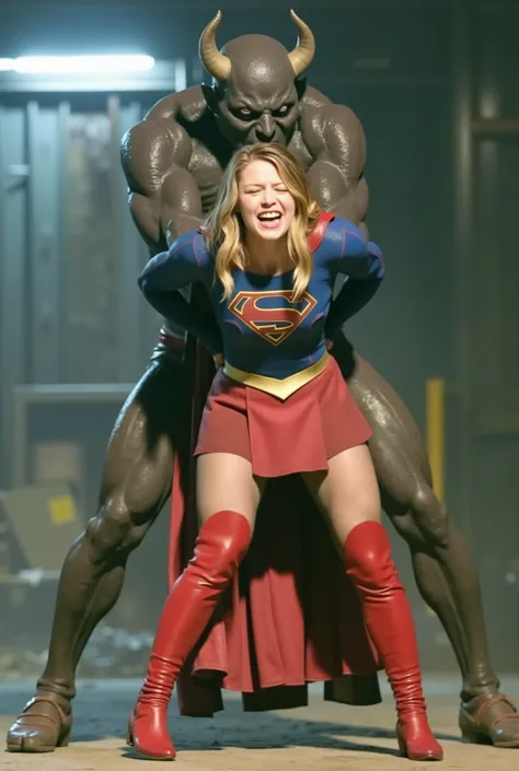 Melissa Benoist as Supergirl, (a very short skirt), both arms behind her back, wearing a Supergirl costume, blue shirt and red skirt, (upskirt0, red high boots, she is sexual assaulted from behind by a devil, embarrassment, ((painful face)), (Supergirl is ...
