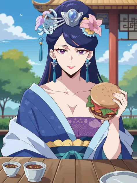(best quality, masterpiece),Pear Blossom,Every Single Person at the Drugstore,sleeveless,long hair, purple eyes, purple hair, flower, earrings, hair flower, lipstick,Chest, Jewelry, Chinese clothing, Hanfu,Outdoors,garden,smile,(viewers on my mom), opens ...