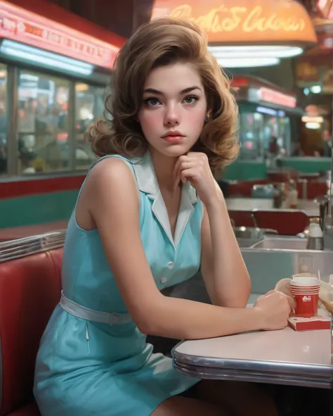 A 磷retty young woman sitting in a 1960s diner at night looking bored, 1960s 风格, 复古_磷_风格, 复古, 
