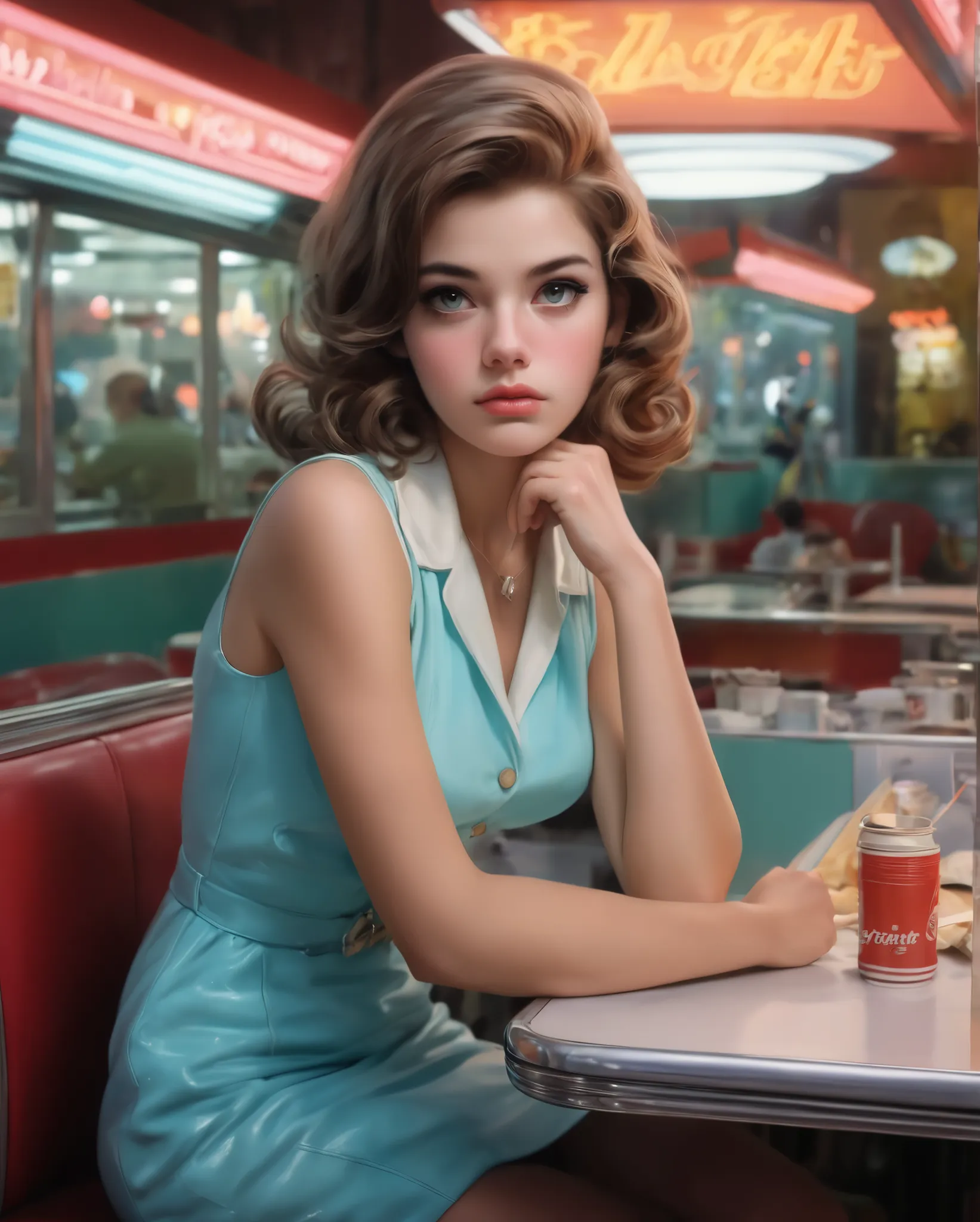 A 磷retty young woman sitting in a 1960s diner at night looking bored, 1960s 风格, 复古_磷_风格, 复古, 