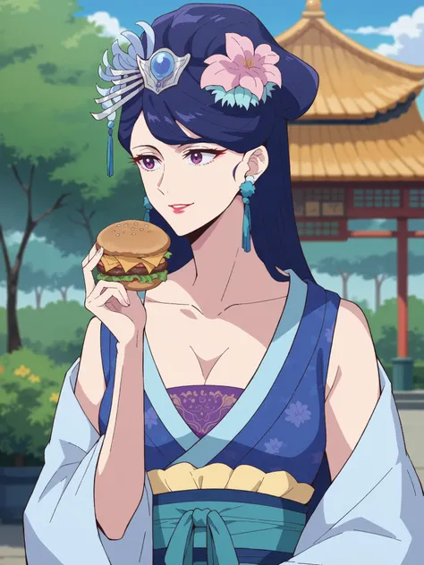 (best quality, masterpiece),Pear Blossom,Every Single Person at the Drugstore,sleeveless,long hair, purple eyes, purple hair, flower, earrings, hair flower, lipstick,Chest, Jewelry, Chinese clothing, Hanfu,Outdoors,garden,smile,(viewers on my mom), opens ...