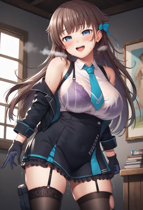 great quality,is so beautiful,Absard dress,best quality,newest,masterpiece,4k,resolution,anime screen capture,1 girl,brown hair,long hair,blue eyes,cute anime eyes,super huge breasts that have just been torn apart,very much sweat (Amount of sweat:2.0),blus...