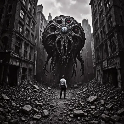 (Masterpiece. Ultra HD. 16K. Real Photo.) — (old photo:1.2), (damaged photo effect:1.3) captured from a (low angle:1.2) showing a (crumbling old city:1.5) with collapsing buildings amid rubble. Dominating the scene, (a massive, cosmic horror entity:1.6) em...