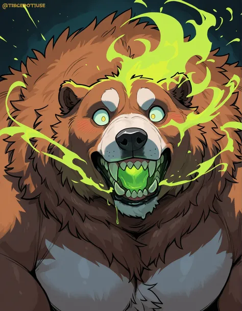 Black Portrait: Morbidly Obese Kodiak Bear; erection and fuzzy balls; (obtuse muscular, feral, big fat; huge muscles, Voo-Doo eyes; brown fur, glowing green ominous essence); blushing; thrusting; closed Mouth; tired expression; surprised; skulls; monster o...
