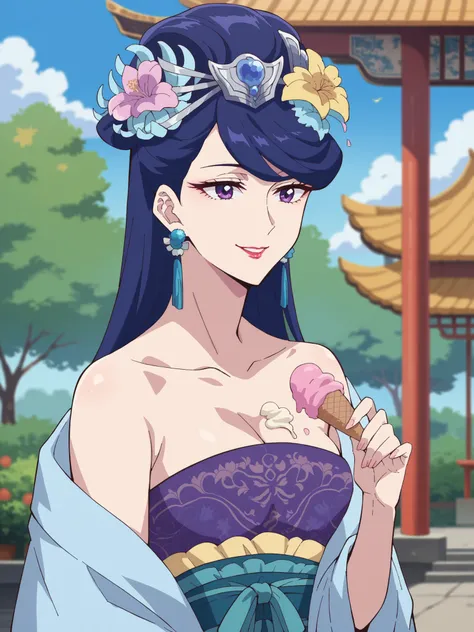 (best quality, masterpiece),Pear Blossom,Every Single Person at the Drugstore,sleeveless,long hair, purple eyes, purple hair, flower, earrings, hair flower, lipstick,Chest, Jewelry, Chinese clothing, Hanfu,Outdoors,garden,smile,(viewers on my mom), opens ...