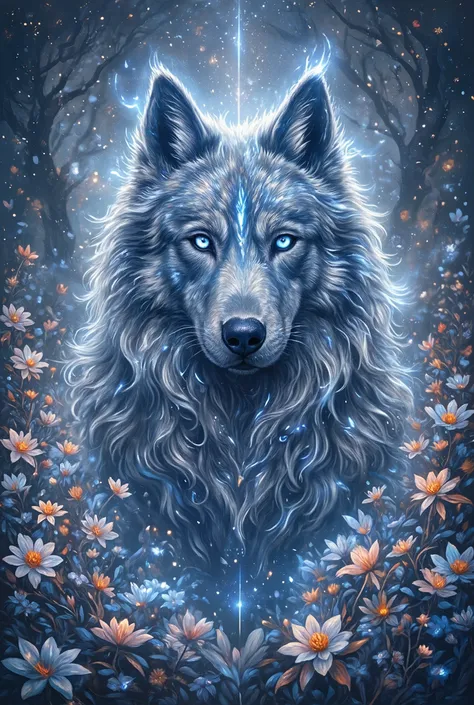 mysterious dog、.Lord Shiva、 silver straight hair 、 blue eyes 、 lots of flowers、 Genuine 、Graphic、 beautiful、fantastic、 glittering
