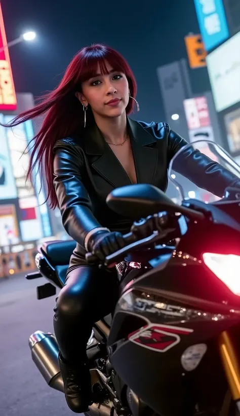 Photorealistic medium shot (waist-up) of a beautiful woman in a tight black leather motorcycle jacket (low-cut) and leather pants, (((riding a Kawasaki Ninja H2R at high speed on the Shibuya crossing at midnight))), dynamic Dutch angle (15°), motion blur o...