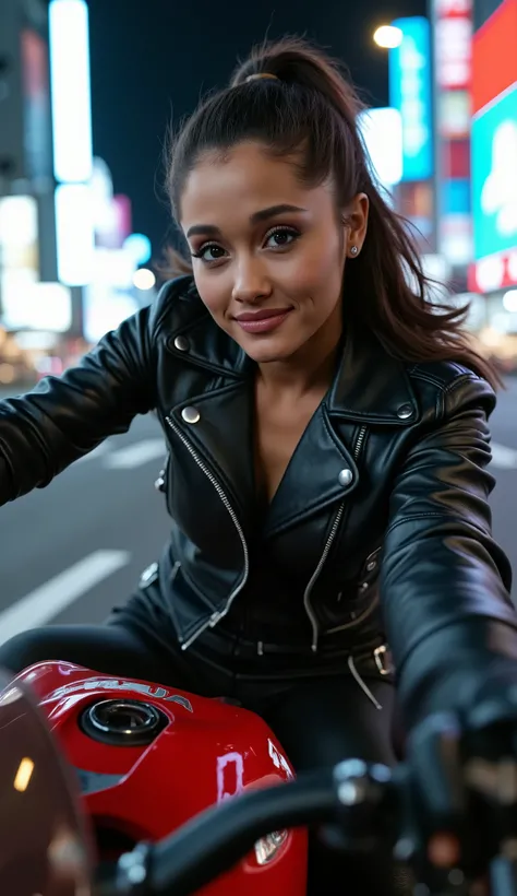 Photorealistic medium shot (waist-up) of a beautiful woman in a tight black leather motorcycle jacket (low-cut) and leather pants, (((riding a Kawasaki Ninja H2R at high speed on the Shibuya crossing at midnight))), dynamic Dutch angle (15°), motion blur o...