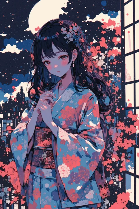 a close-up of a young girl from the waist up, positioned on the right side of a horizontal frame, wearing a floral print kimono, her pale skin glowing faintly in the moonlight, black hair swaying gently in a silent breeze, pink eyes filled with tears, a si...