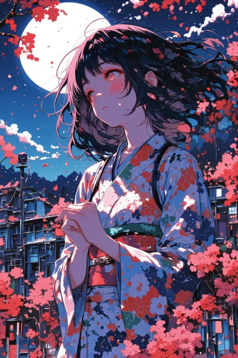 a close-up of a young girl from the waist up, positioned on the right side of a horizontal frame, wearing a floral print kimono, her pale skin glowing faintly in the moonlight, black hair swaying gently in a silent breeze, pink eyes filled with tears, a si...